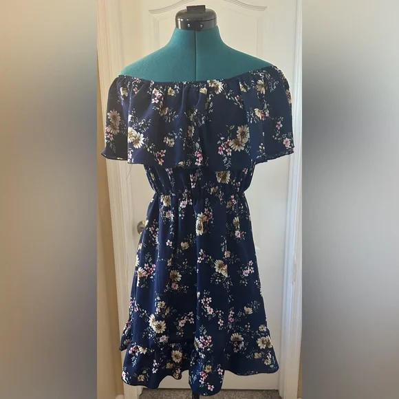 ROMWE Off Shoulder Floral Dress Navy Blue Ruffle Boho Mini Dress - Picture 2 of 4
